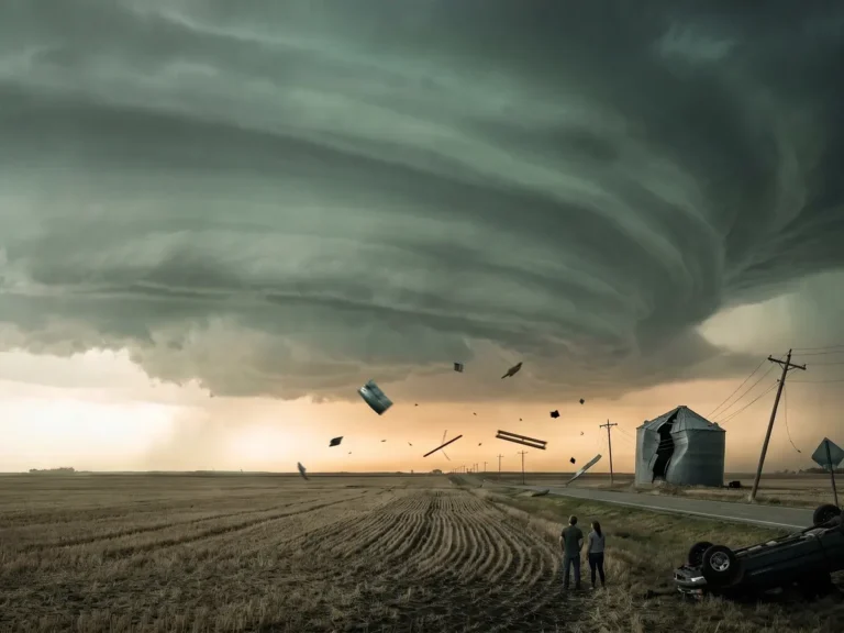 Storm clouds and a tornado over open farmland