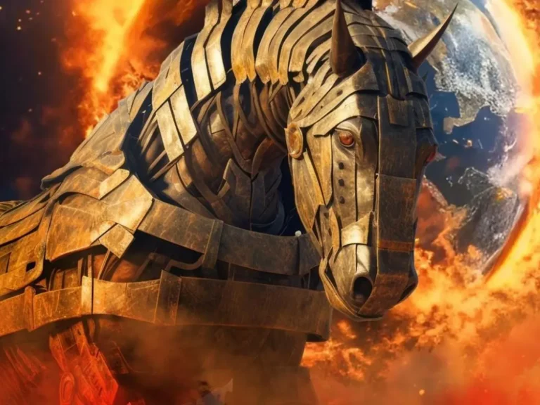 An armored horse before a burning globe